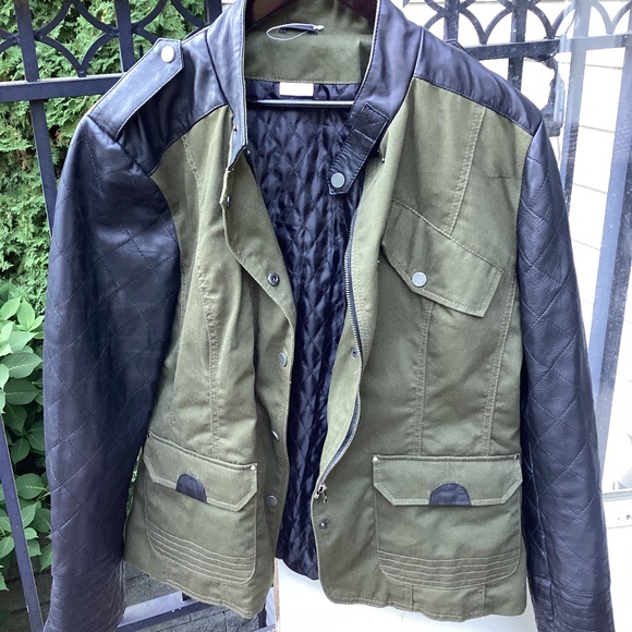 ❤️🇬🇧BNNT CELTIC & CO REAL” leather/cotton biker jacket. US12. UK16. Khaki/blk - Picture 1 of 14